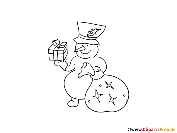 Schneemann mit Geschnken zu Weihnachten Bild zum Ausmalen