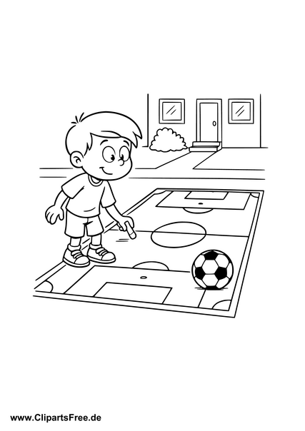 Kind spielt Fussball im Hof Ausmalbild