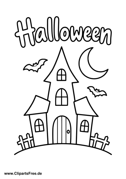 Lua Hallowwen Página para colorir de uma casa de Halloween com lua e morcegos