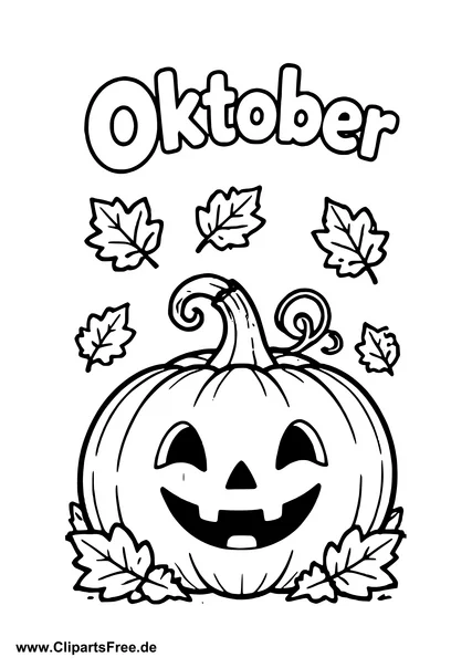 Oktober fröhlicher Kürbis mit Herbstblättern Malvorlage