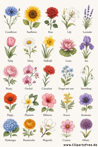 Blumenarten auf Englisch Bild kostenlos zum Drucken