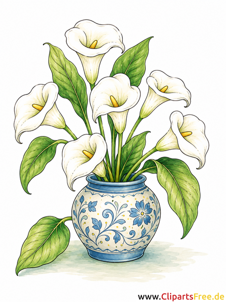 Calla-Lilien in einer verzierten Keramikvase Bild