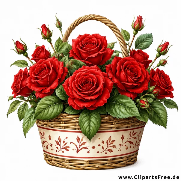 Illustration eines geflochtenen Korbs voller roter Rosen