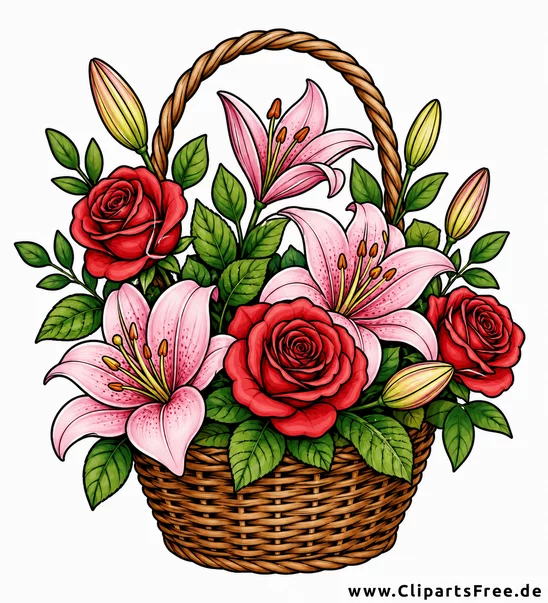 Korb mit roten Rosen und rosa Lilien Clipart