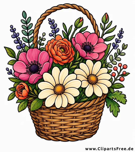 Weidenkorb mit verschiedenen Blumen Bild