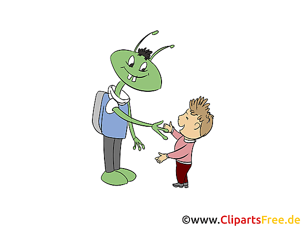 Alien und Kind begrüßen einander Bild, Clipart, Illustration