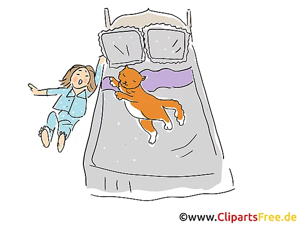 Katze schläft auf dem Bett Cartoon, Clipart, Bild, Illustration