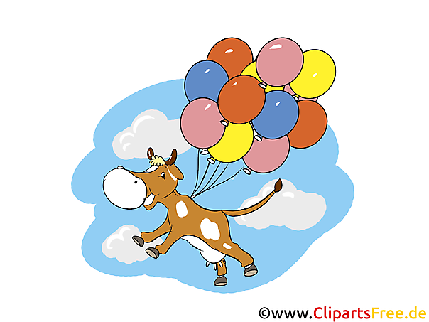 Kuh fliegt mit bunten Luftballons Clipart, Bild, Illustration