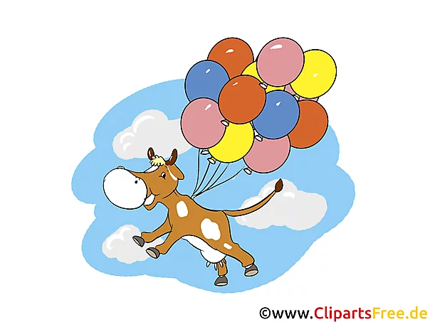 Kuh fliegt mit bunten Luftballons Clipart, Bild, Illustration