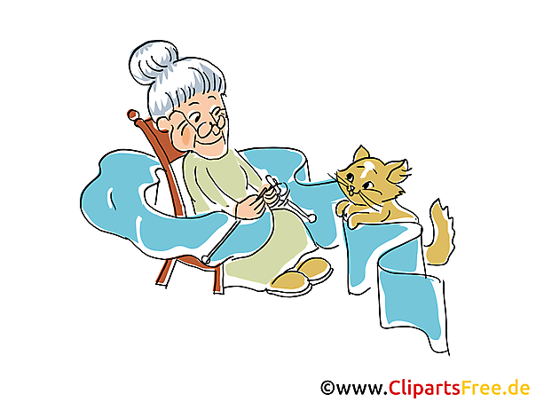 Oma mit Katze zu Hause Cartoon, Clipart, Bild, Illustration