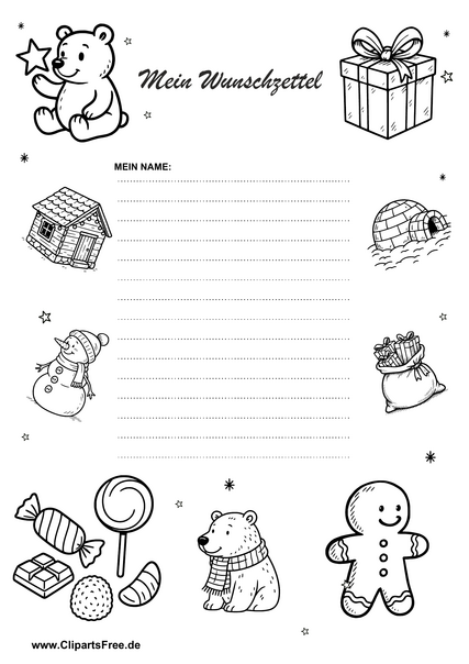 Weihnachts-Wunschliste mit Comic-Figuren