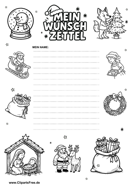 Wunschliste an Weihnachtsmann festlich illustriert