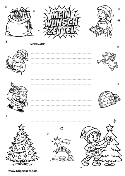 Wunschliste mit Weihnachtsfiguren Vorlage