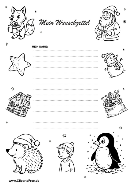 Wunschliste zu Weihnachten mit Cartoonmotiven