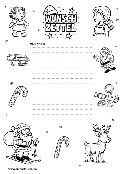 Wunschzettel Druckvorlage schwarz-weiss