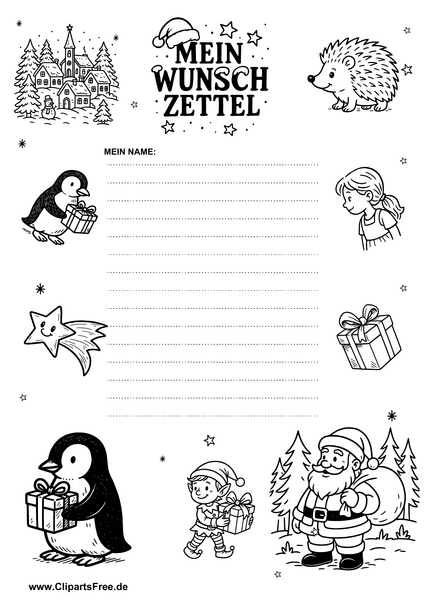 Wunschzettel PDF-Druckvorlage in Schwarz-Weiß