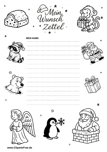 Wunschzettel Vorlage für Kinder in Schwarz-Weiß