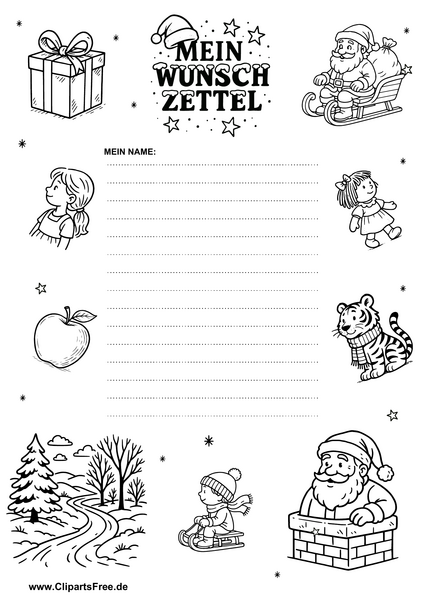Wunschzettel zu Weihnachten als Druckvorlage