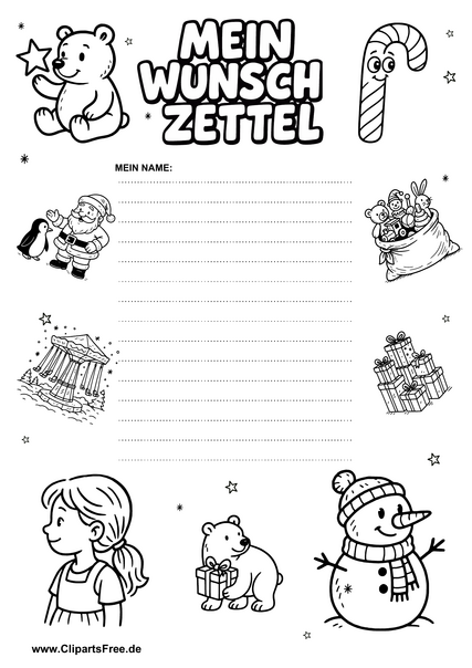 Wunschzettelvorlage zum Ausdrucken in Schwarz-Weiß