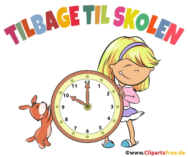 Schülerin und Uhr Clipart - Unterrichtsanfang in Dänemark