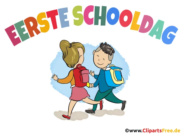 1. Schultag auf Niederländisch Clipart, Illustration zum Drucken