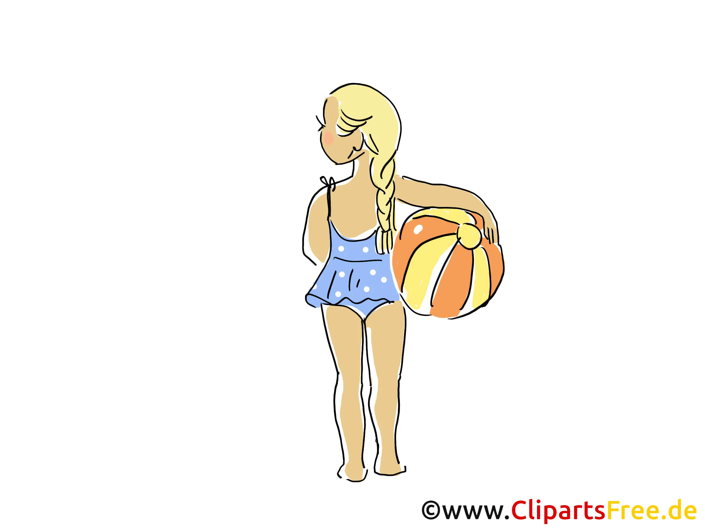 Mädchen am Strand mit Ball Clipart, Bild, Cartoon, Comic, Grafik