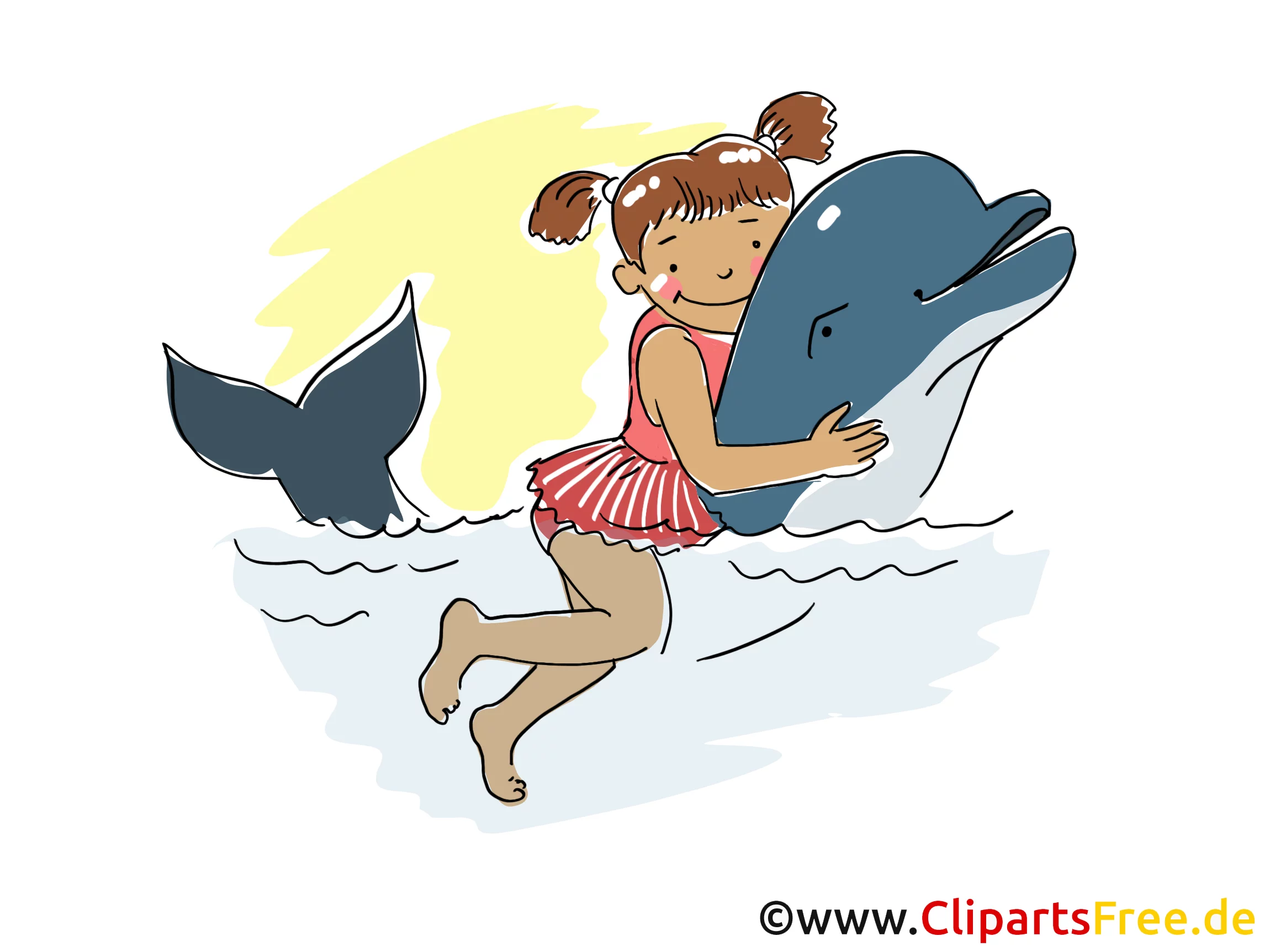 Mädchen spielt mit Delfin Clipart, Bild, Cartoon, Comic, Grafik