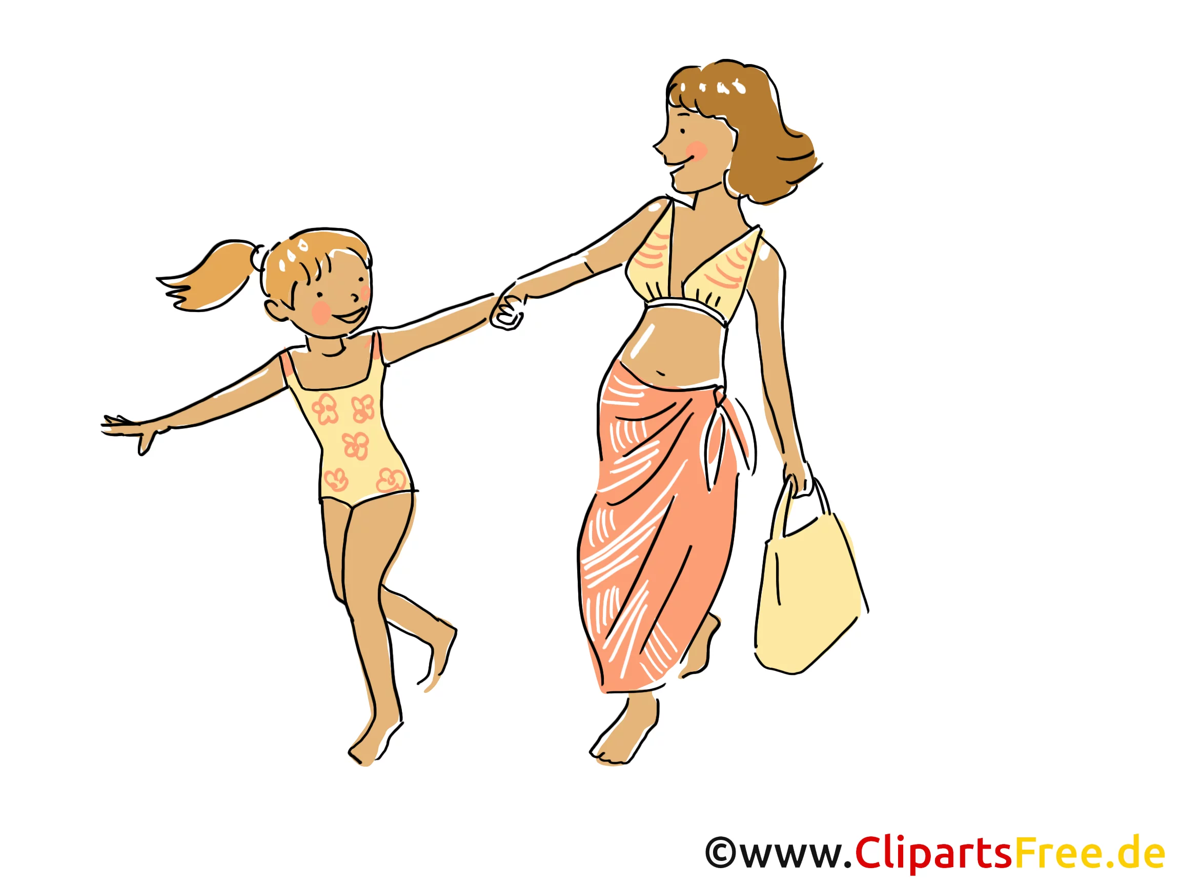 Mama mit Tochter im Urlaub Clipart, Bild, Cartoon, Comic, Grafik