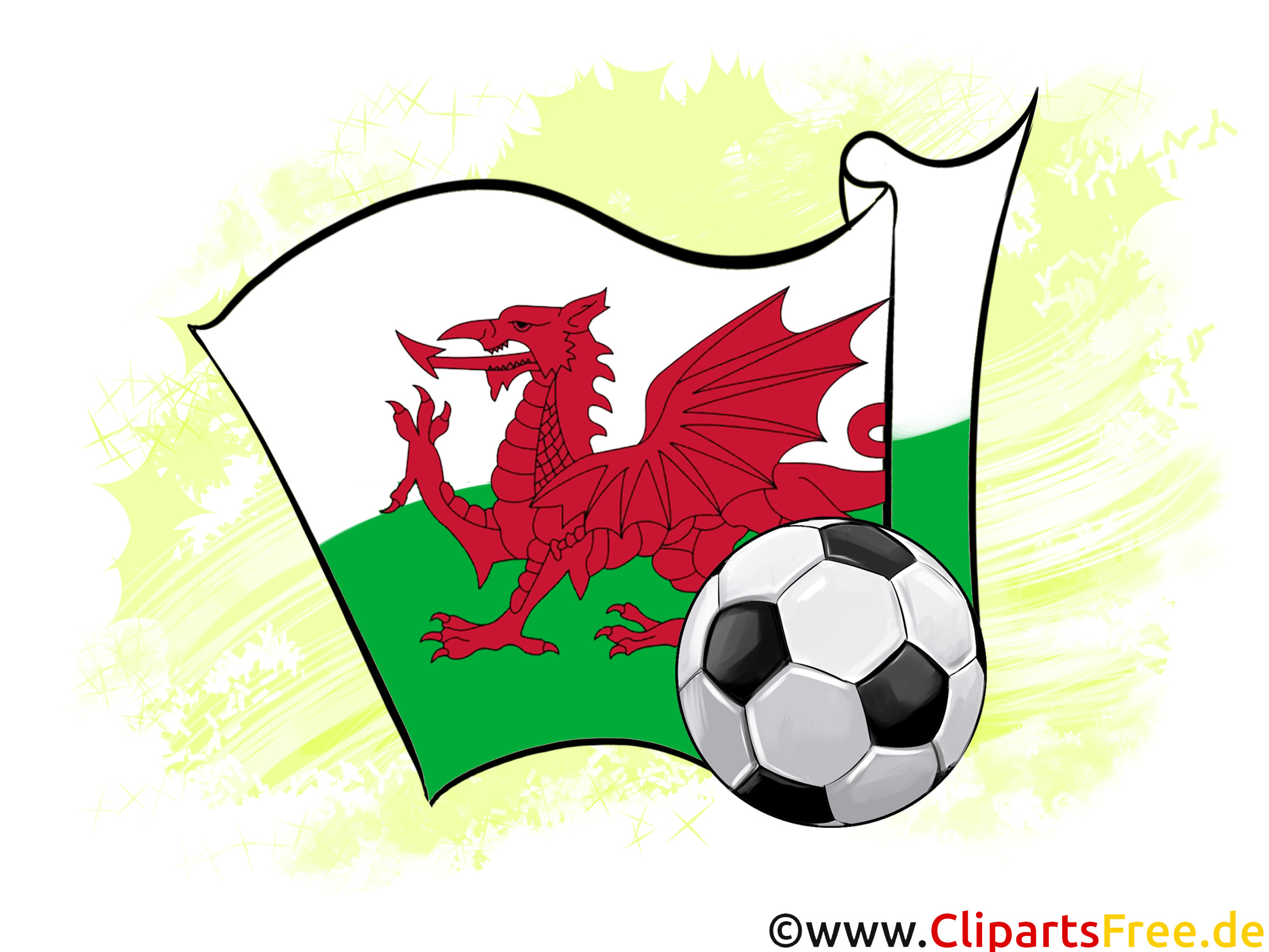 Wales Fußball Ball mit Fahne im Hintergrund Clipart-Illustration