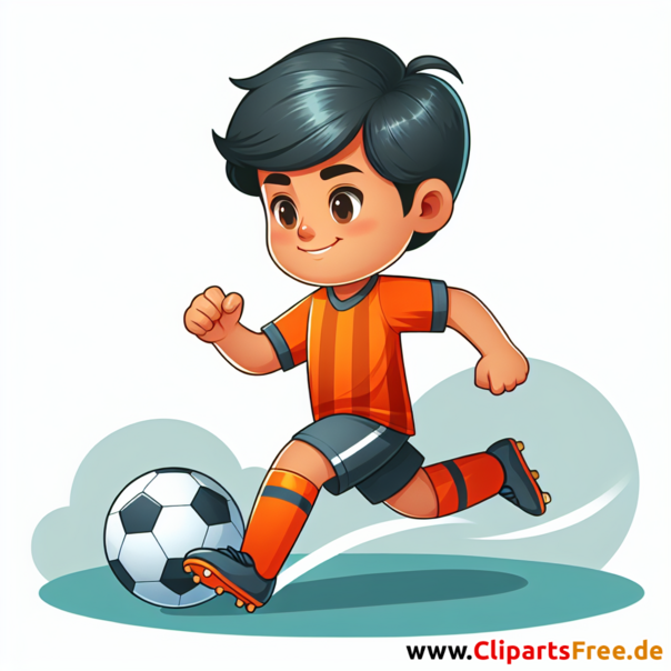 Junge in orangenem Trikot spielt Fussball Clipart - Bilder zum Thema Fußball