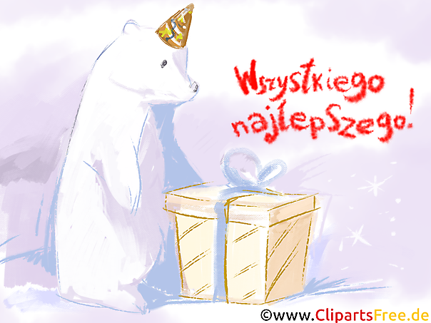 Alles Gute auf Polnisch Clipart mit weissem Bär und Geschenk