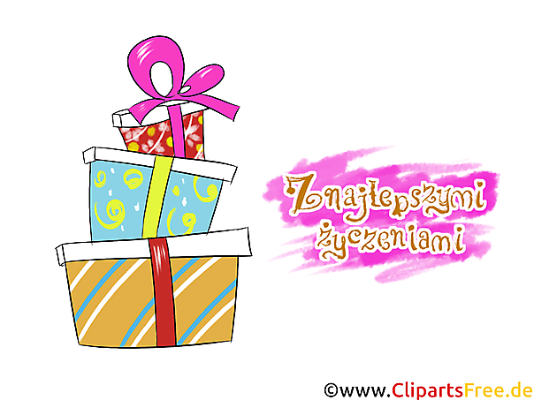 Geschenke zum Geburtstag Grusskarte, Clipart auf Polnisch