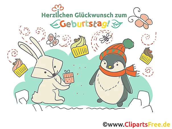 Cliparts Geburtstag mit Hase und Pinguine