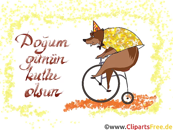 Bär auf dem Fahrrad Glückwunschkarte auf Türkisch zum Drucken