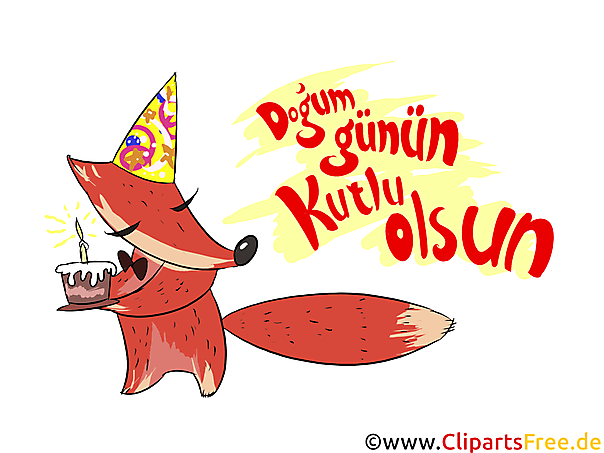 Fuchs mit Geburtstagstorte Grusskarte auf Türkisch