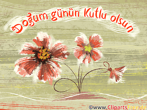 Glückwunschkarte mit Blumen zum Geburtstag auf Türkisch, Clipart, Bild