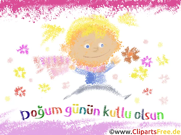 Glückwunschkarte zum Kindergeburtstag auf Türkisch Clipart, Illustration, Bild