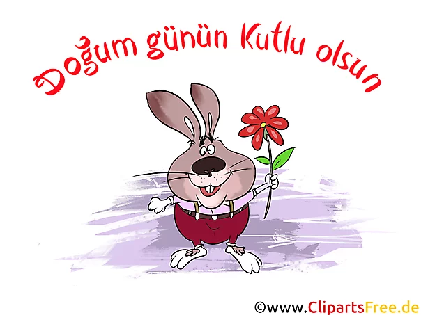 Lustige Glückwunschkarte zum Geburtstag mit Hase auf Türkisch, Clipart, Bild, Illustration