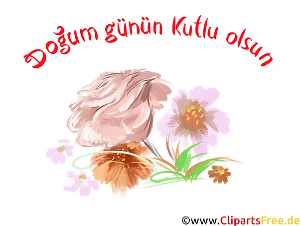 Rose und andere Blumen Glückwunsch zum Geburtstag auf Türkisch, Clipart, Bild