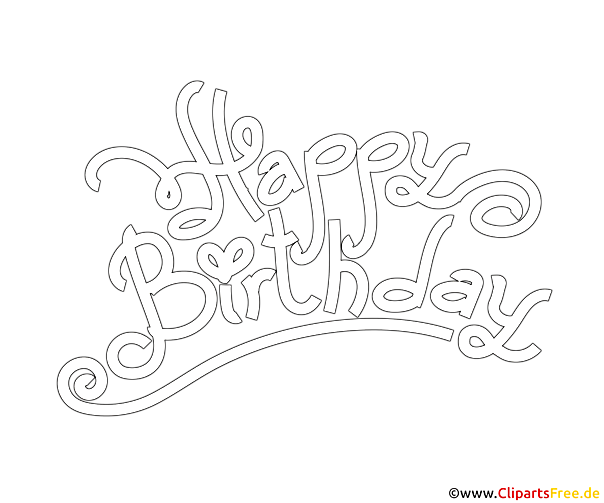 Schwarz-weisser Text Happy Birthday zum Ausmalen