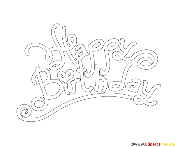 Schwarz-weisser Text Happy Birthday zum Ausmalen
