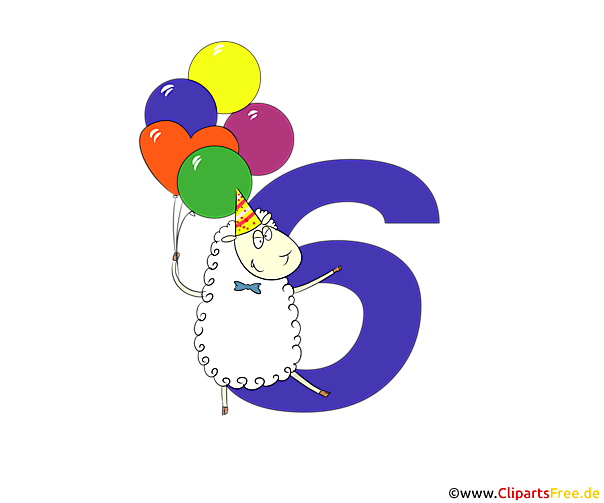 Bunte Zahl 6 (Zahl Sechs) mit Luftballons zum Geburtstag