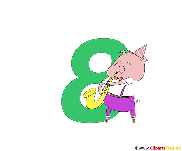 Bunte Zahl 8 (Zahl Acht) mit Ferkel zum Drucken