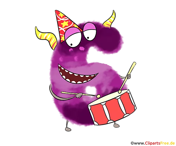 Monster Clipart 6 (Sechs) Cartoonfigur mit Trommel auf Geburtstagsparty