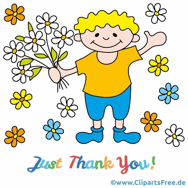 Dankeschön animiertes Clipart-Bild mit Jungen und Blumen