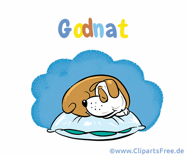 Schlafender Hund  Bild mit Spruch Gute Nacht auf Dänisch