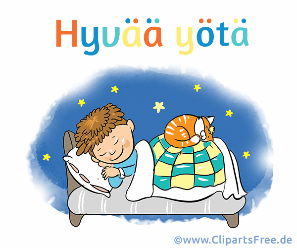 Gif mit schlafendem Kind im Bett - Gute Nacht auf Finnisch