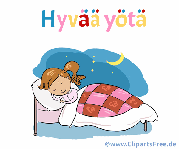 Gute Nacht auf Finnisch Clipart-Bild mit schlafendem Kind im Bett