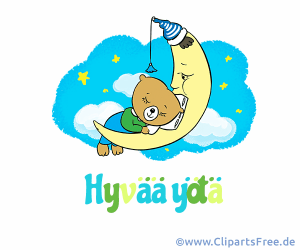 Mond im Nachthimmel mit Gute Nacht Spruch auf Finnisch