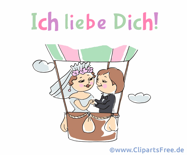 Ich liebe Dich GifAnimation mit Brautpaar im Heißluftballon